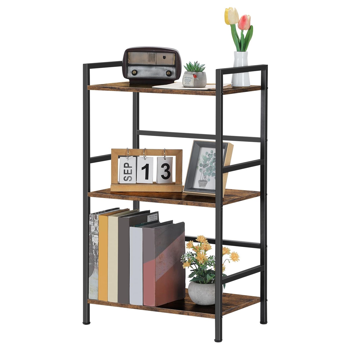 CADUKE 3 Tier Bookshelf, Industrial Style Storage Rack