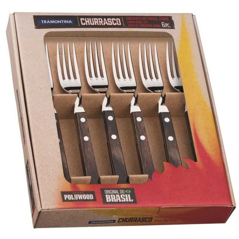 Tramontina Steak Forks, 6 Piece Jumbo Fork Cutlery Set with Wooden Handles, ?Camping, Kitchen, Rustic, Dishwasher Safe, 29899167