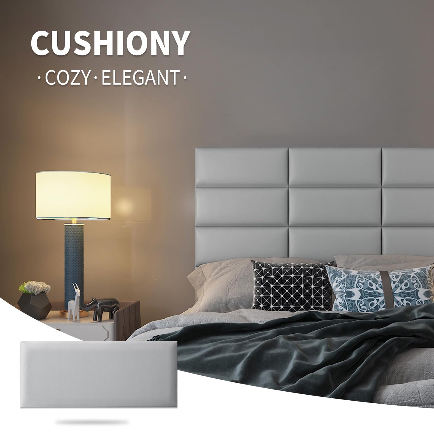 Art3d Peel and Stick Headboard for Twin in Grey, Pack of 6 Panels Sized 9.84" x 23.62", Soundproof Wall Panels 3D, Upholstered Wall Panel