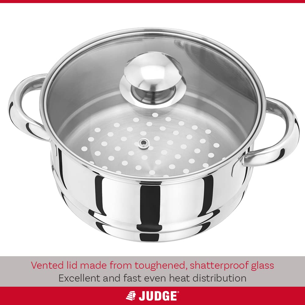 Judge Essentials Stainless Steel 3 Tier Steamer 18cm, Vented Glass Lid, Integral Casserole Pot, Oven Safe, Induction Ready, 25 Year Guarantee