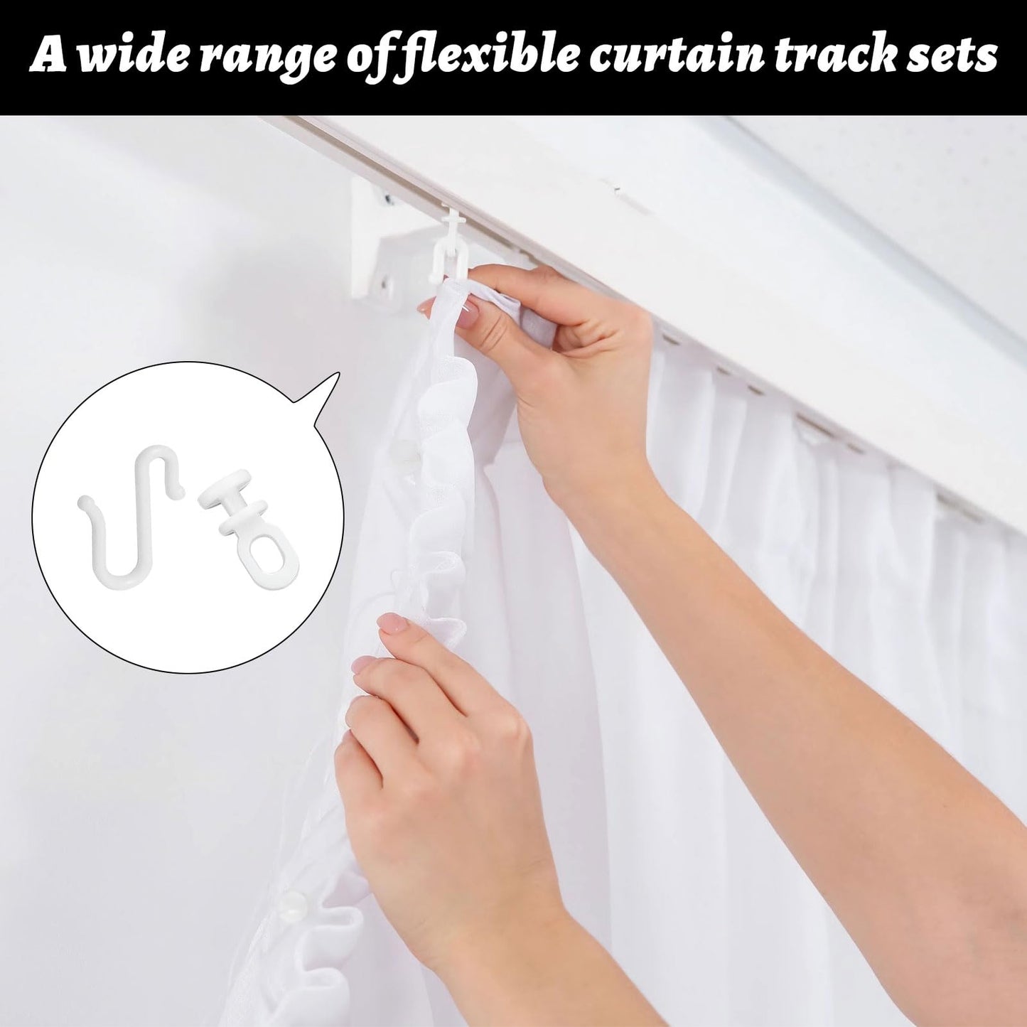 48PCS Curtain Glider Hooks Set,S-Shaped Flexible Shower Curtain Hooks,Quiet Plastic Flexible White Hooks and Gliders,Easy Install Track Rollers,for