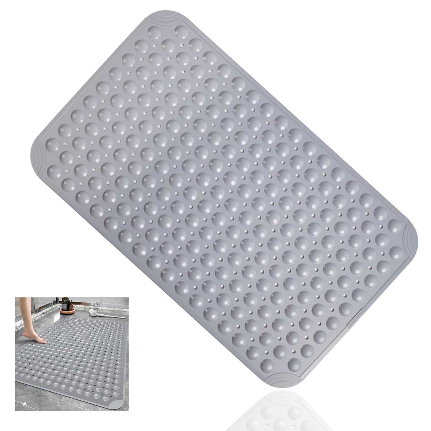 Non Slip Extra Large Shower Mat, 60 x 90 cm Anti Mould Long Bath Mat TPE Shower Mats for Inside with Drain Holes and Suction Cups (Gray)