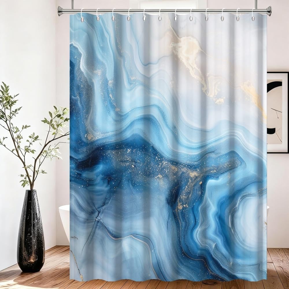 Xiaoterna Marble Shower Curtain Blue Marble Shower Curtain Modern Abstract Blue Gold Marble Waterproof Bathroom Curtain Modern Luxury Art Shower