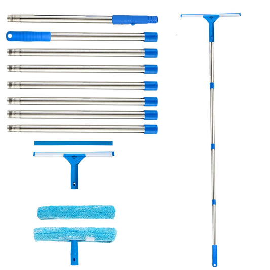 Window Cleaner with Long-Handled Rod 2.8m, Long Handle Glass Scraper Cleaning Tool Kit with Replaceable Cloth and Scraper, Expandable Window Cleaning