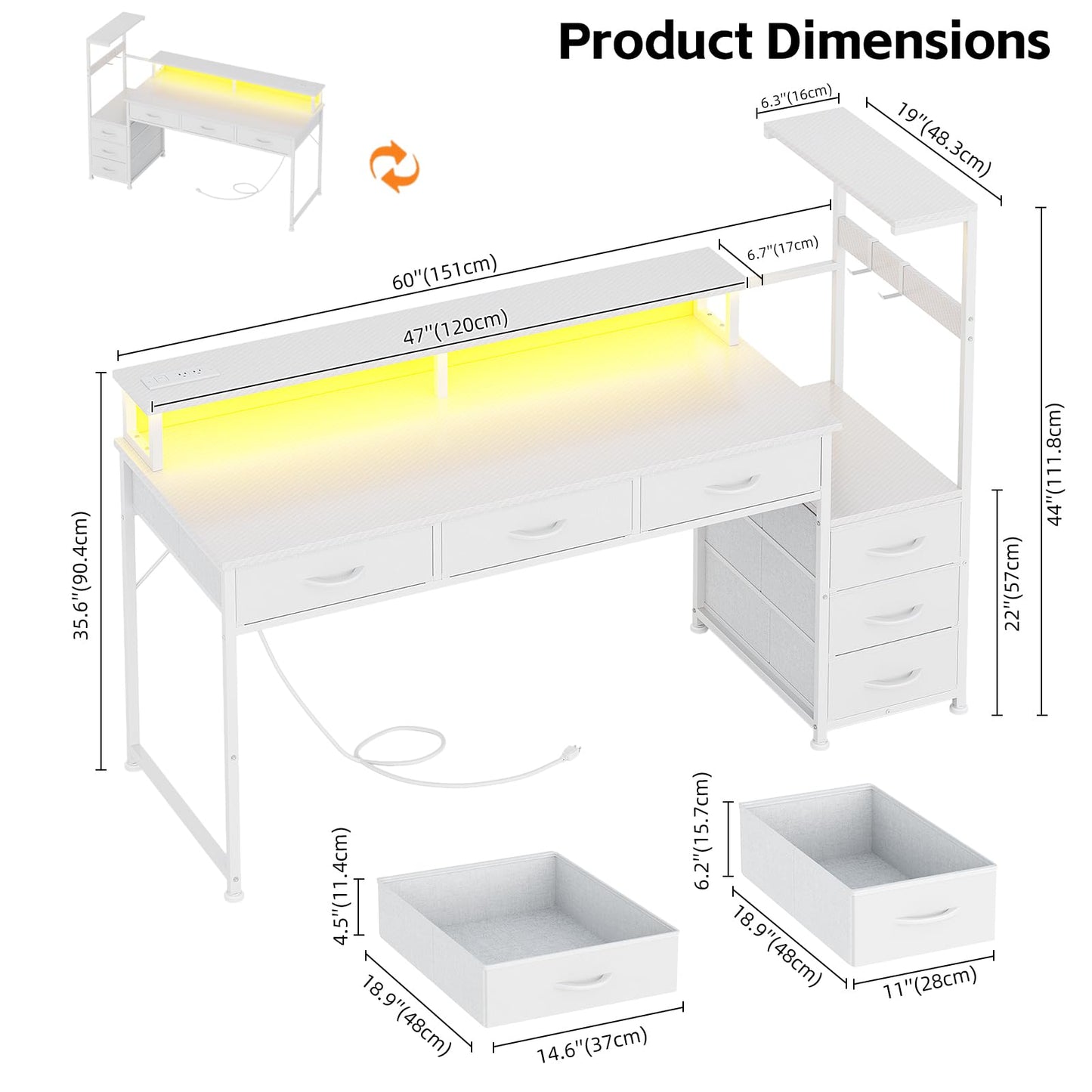WEMANER 151cm Computer Desk with 6 Fabric Drawers, Reversible Home Office Desk with Printer Cabinet, Writing Desk with Monitor Stand & Power Outlets