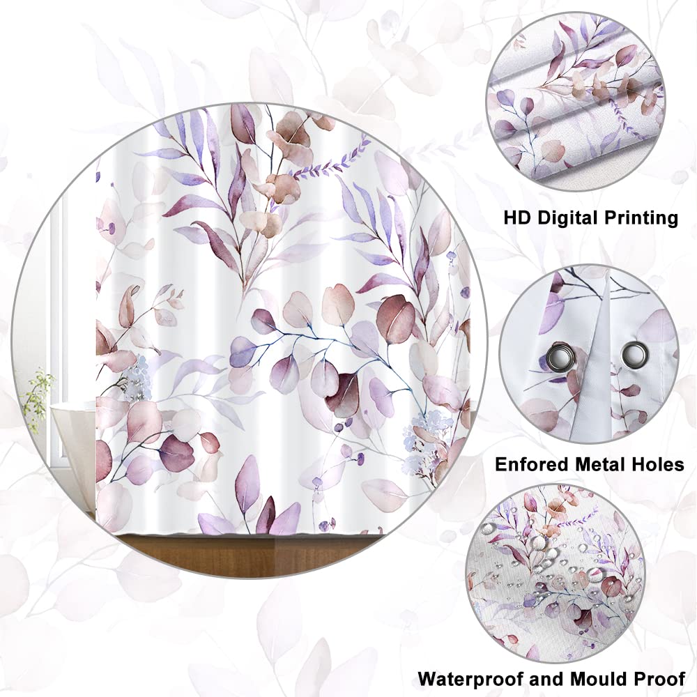 Uiiooazy Eucalyptus Shower Curtain, Pink Violet Leaves Floral Bath Curtain Mildew and Mould Resistant Waterproof Polyester Fabric Washable Opaque