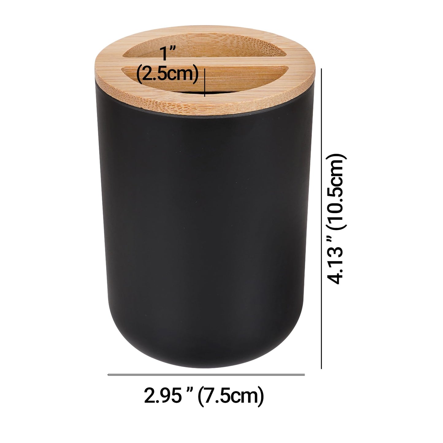 Adorila Black and Wood Toothbrush Holder - Round Bamboo & Plastic Bathroom Organizer - Small Toothpaste Caddy - Modern Decor