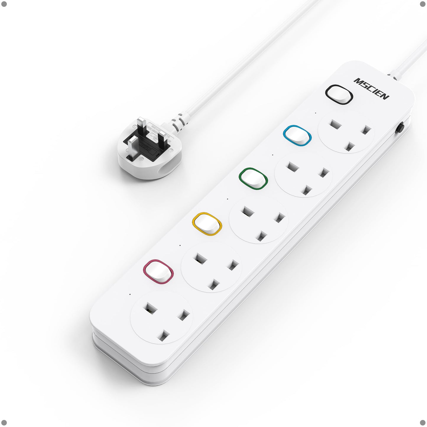 Mscien 5 Way Extension Lead 2M with Individual Switches, 2 Metre Extension Lead 5 Gang Wall Mounted with Multiple Protection, Fused Power Strip with