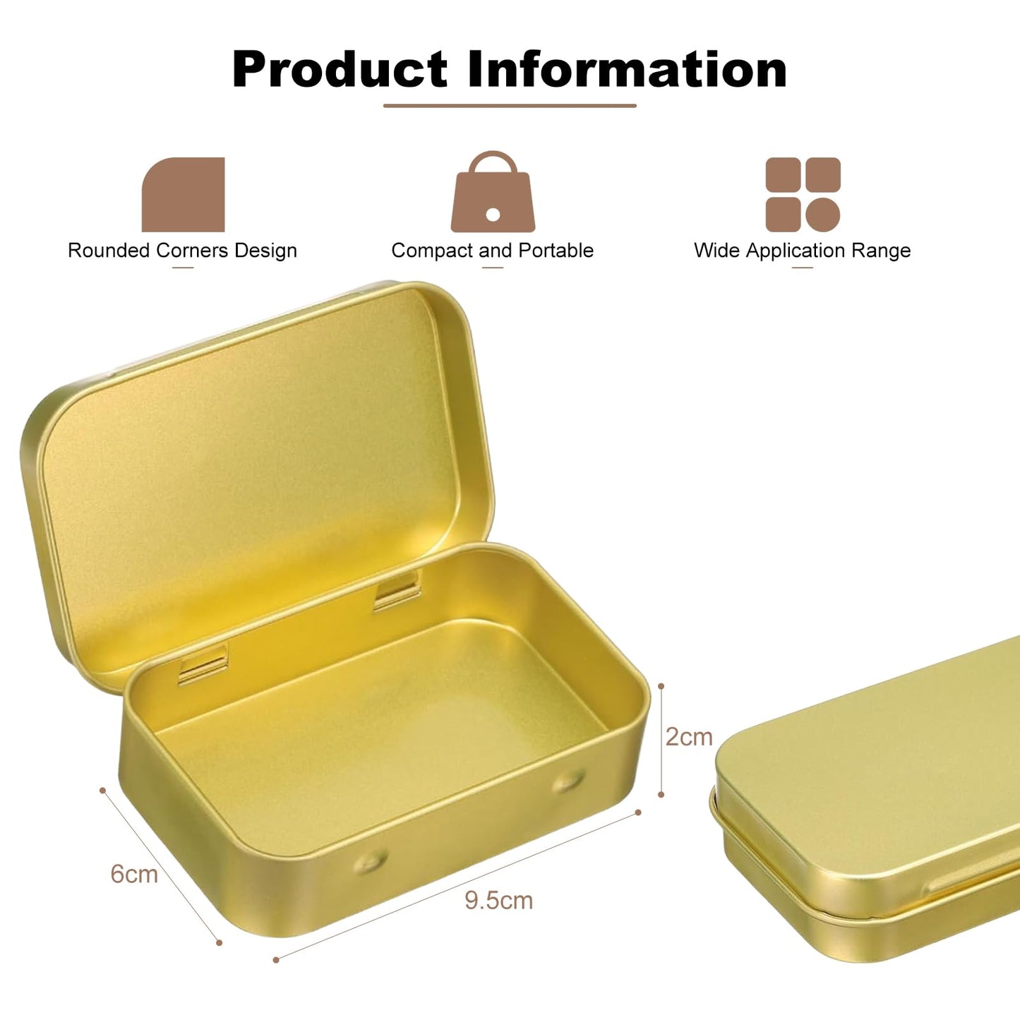 laveroar Small Tins with Lids, 9.5x6x2cm Golden Portable Mini Metal Tinwith Lids, Rectangular Hinged Tin Box Storage Containers for DIY Use