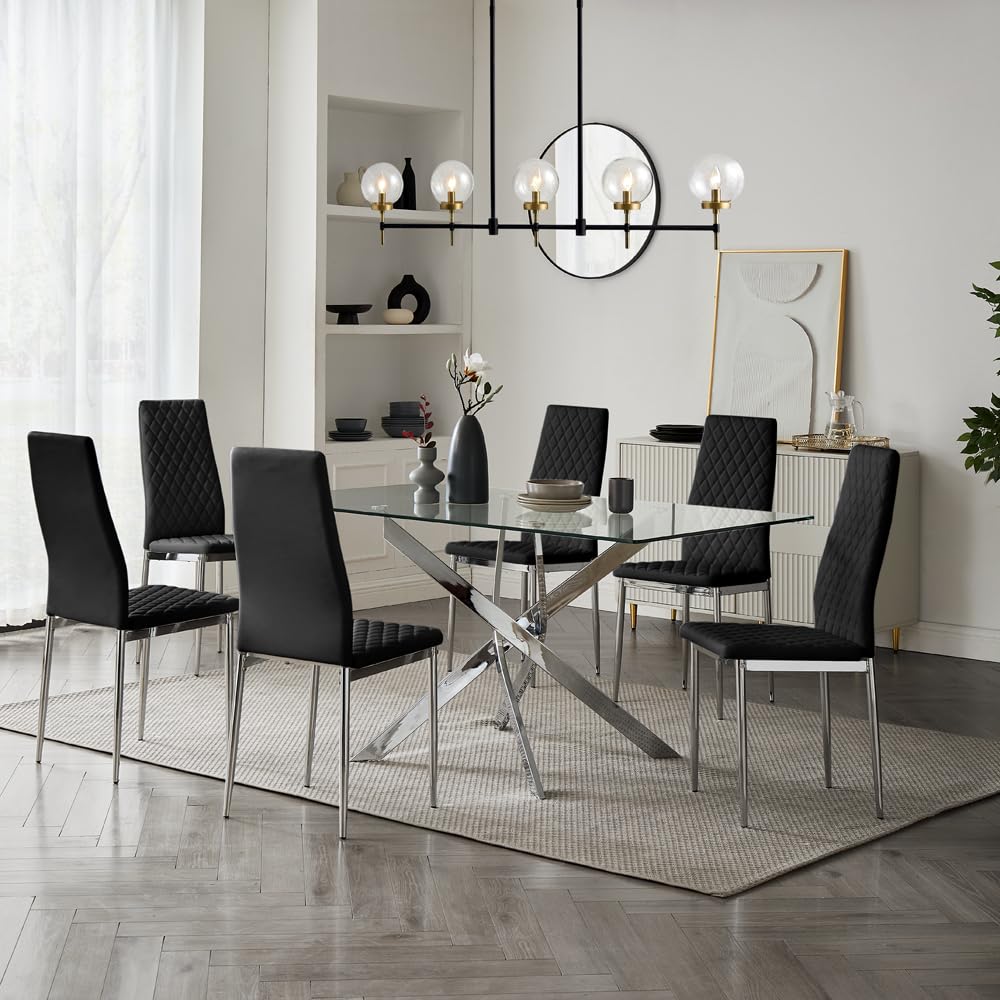 Home Detail Sierra Set of 6 Dining Chairs, Black Faux Leather, Silver Legs