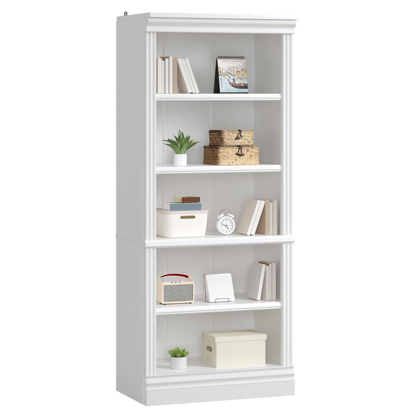 LUXOAK Bookcase, 5-Tier 181cm Tall Book Shelf with Vertical Line Frame, Slim Freestanding Storage Shelf, Anti-Tip Safety Kit