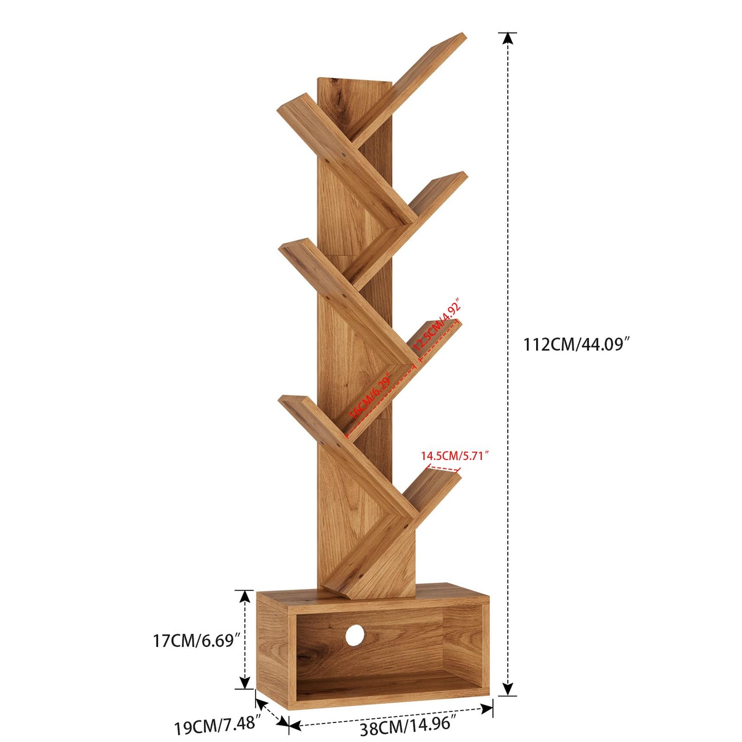 YMYNY 6 Tier Tree Bookshelf, Tall Bookcase, Wood Book Storage Rack with Drawer, Modern Floor Standing Book Shelf for Books/Movies/CDs
