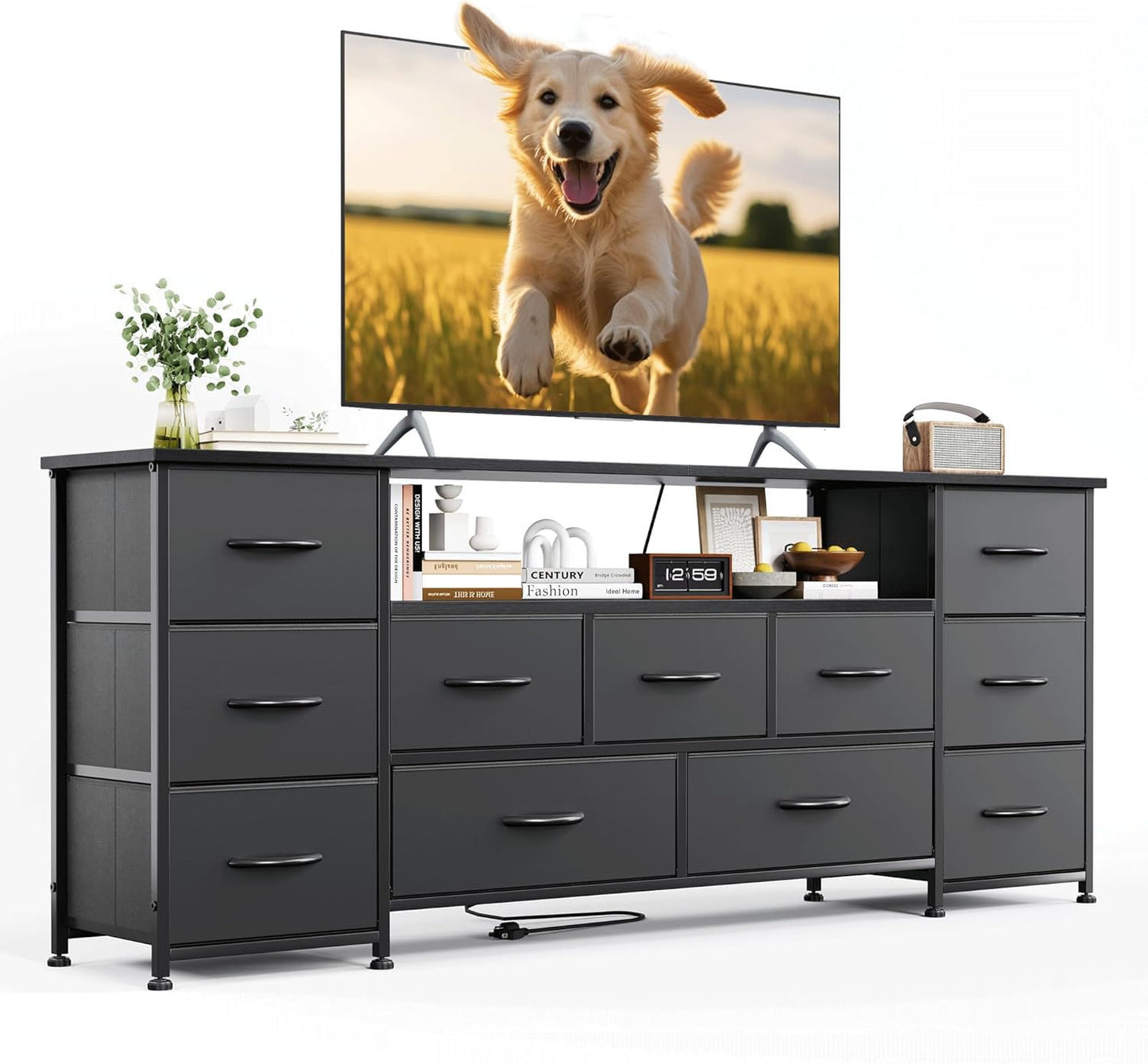 VERMESS 63" Tv Cabinet, Dresser for Bedroom with 11 Fabric Drawers, TV Stand with Power Socket for TVs up to 70", TV Units for Living Room, Bedroom