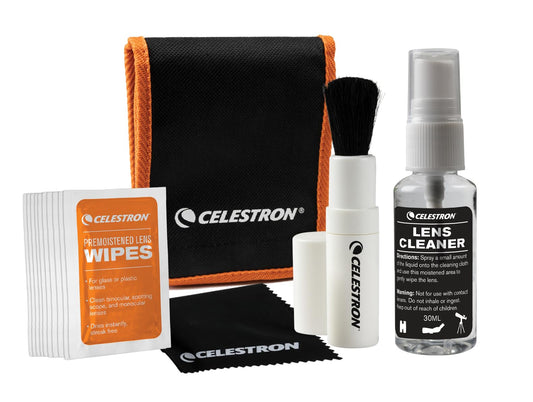 Celestron 93576 Lens Cleaning Kit - Includes 10 x Lens Wipes, Cleaning Fluid, Lens Cloth and Retractable Lens Brush in a Soft Carry Pouch,