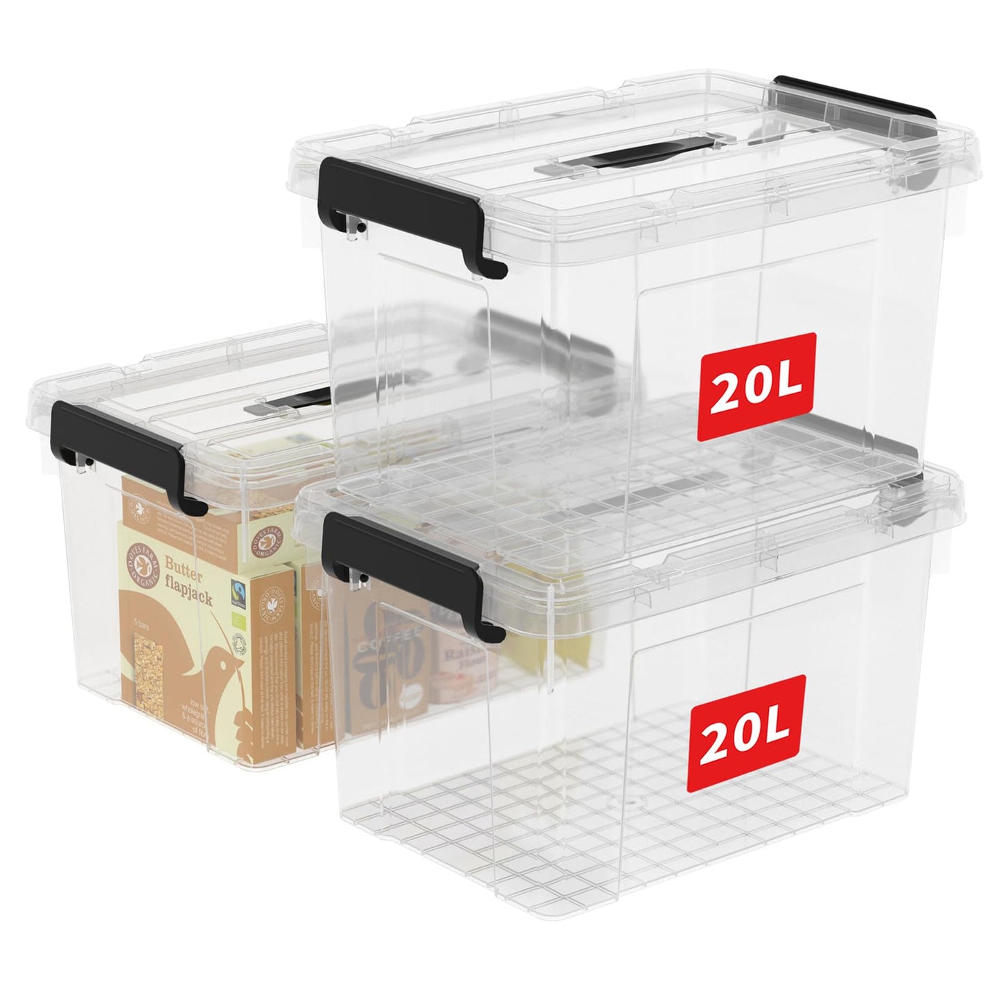 Cetomo 20L*3 Storage Boxes, Carry Plastic Storage Box with Lids, Clear Organizing Container with Handle and Secure Latches