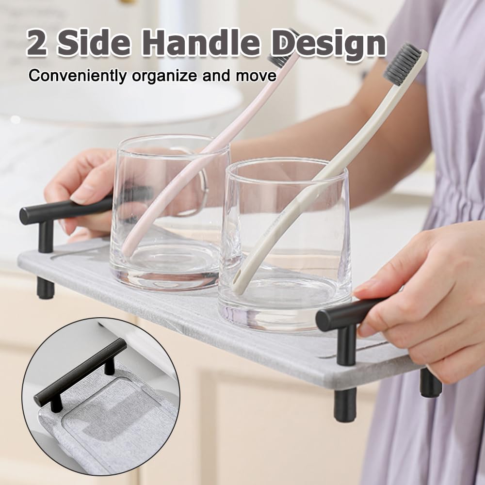 Bathroom Instant Dry Organizer, Diatomaceous Earth Guest Towel Tray with Handles, Water Absorbing Countertop Tray Organizer for Bathroom Kitchen Table
