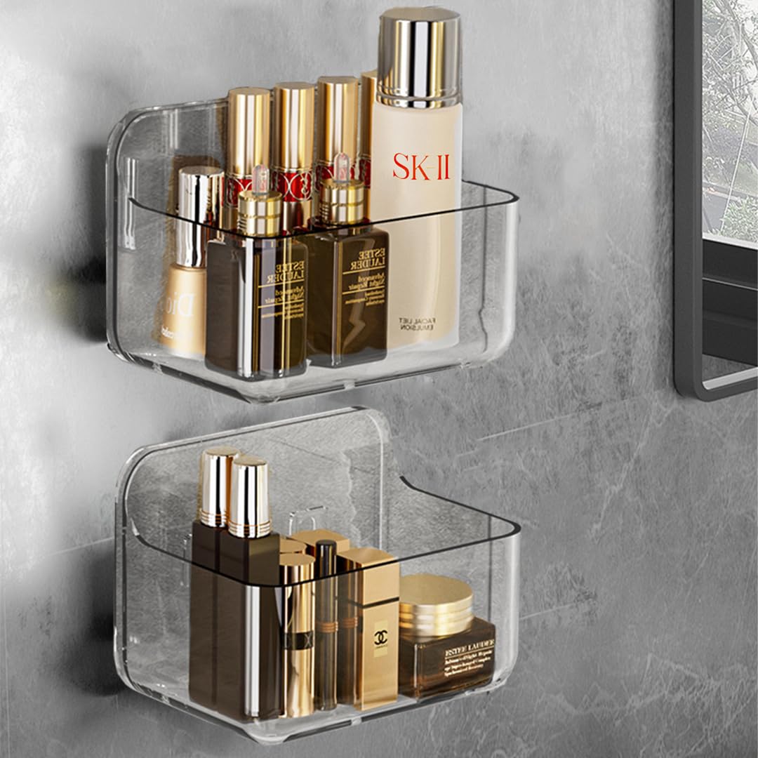 SenaiMy 2 Pack Bathroom Shelf, No Drill Suction Shelf, Shower Organiser, Clear Caddy, Self Adhesive Shelves for Family