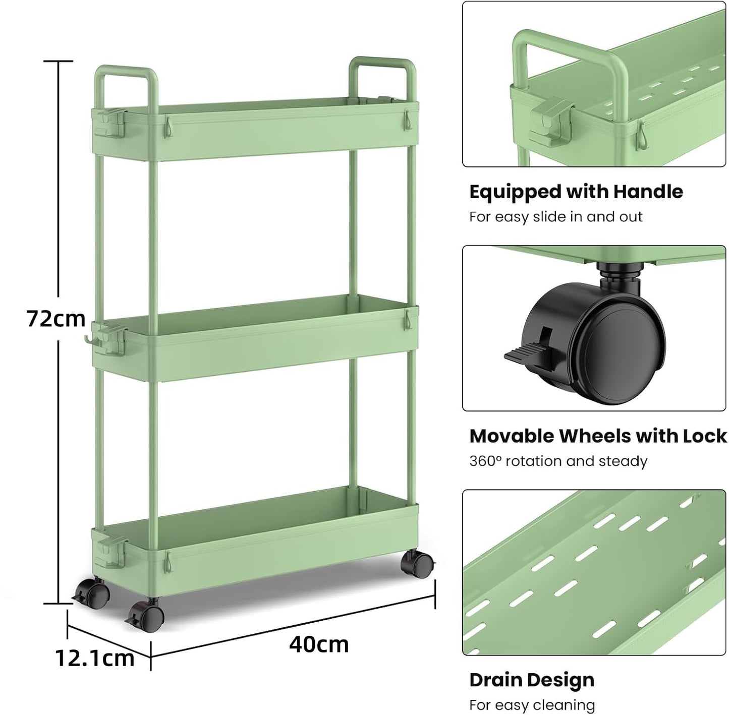 SOLEJAZZ 3-Tier Storage Trolley Cart Slide-out Slim Rolling Utility Cart Mobile Storage Shelving Organizer for Kitchen, Bathroom, Laundry Room
