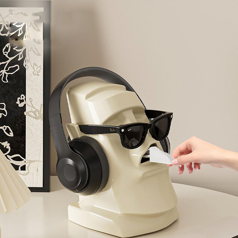 Hosoncovy Moai Tissue Box Holder Stone Face Easter Island Napkin Tissue Holder Box for Home Living Room Bathroom Kitchen Office Bar (White)