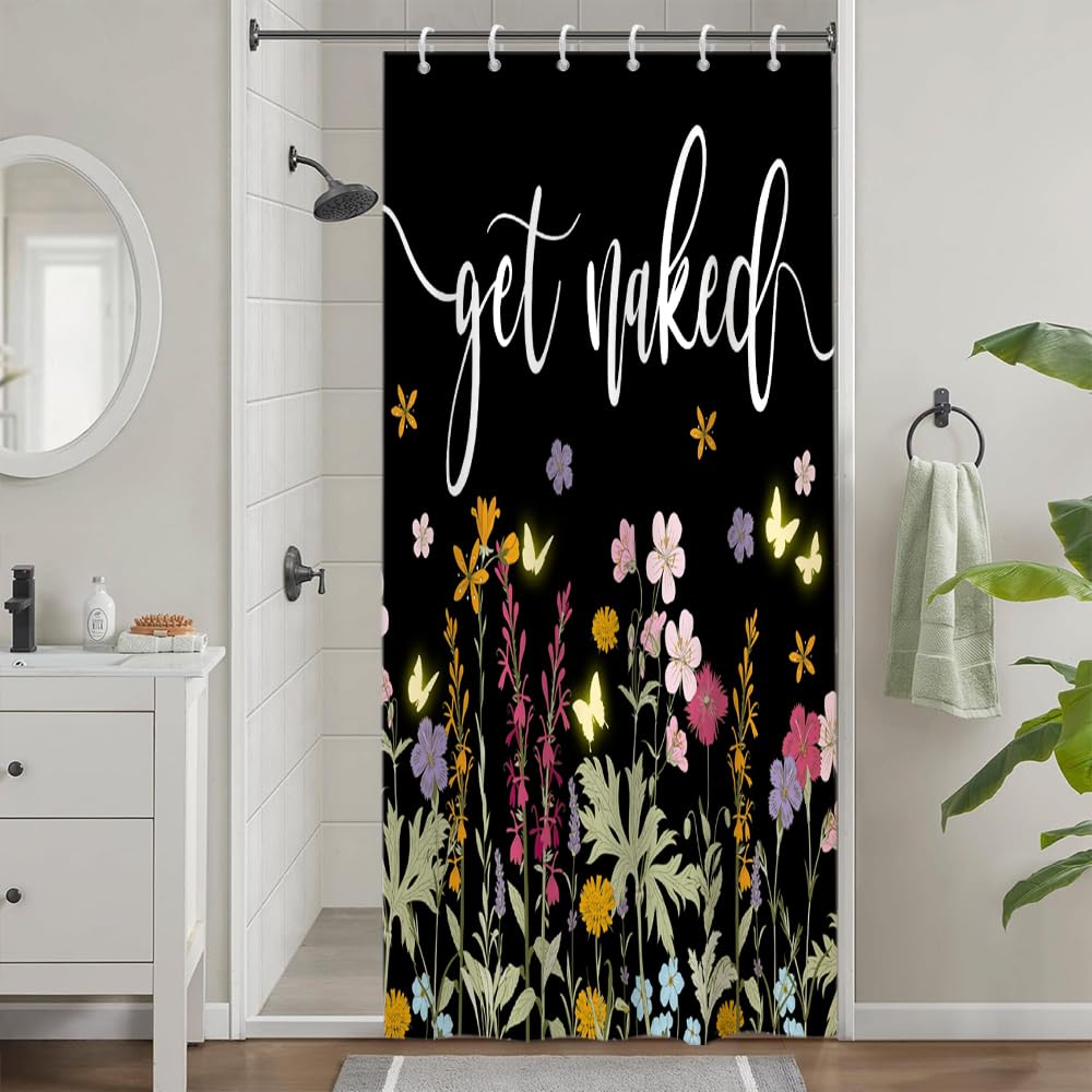 Pink Floral Stall Shower Curtain, Uiiooazy Green Leaves Butterfly Vintage Get Naked Bath Curtain Mildew and Mould Resistant Waterproof Washable Opaque