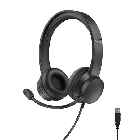 Trust USB Headset with Microphone On-Ear Lightweight Design, Adjustable Headband, PC Headset 1.8m Cable Wired Headphones with Microphone for Computer