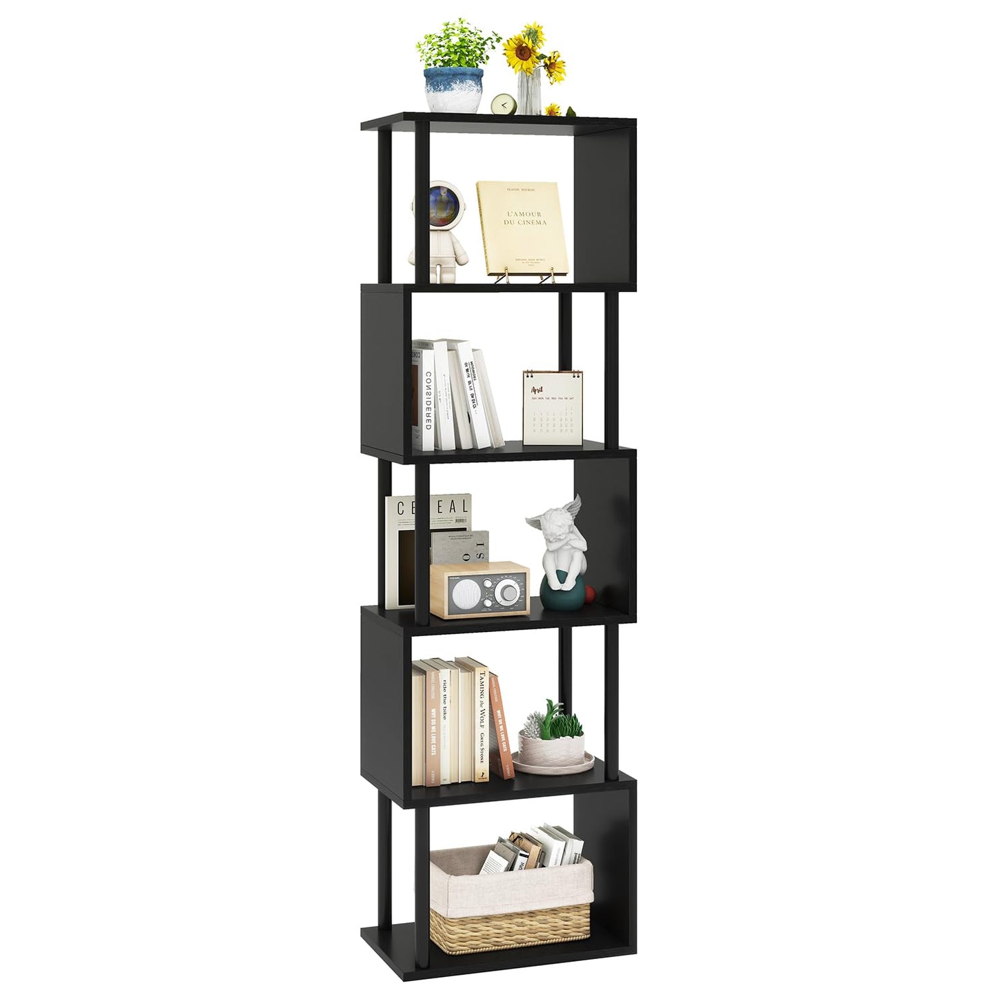 IBUYKE 6-Tier Tall Bookshelf,S-Shaped Geometric Bookcase,Black WBC016B