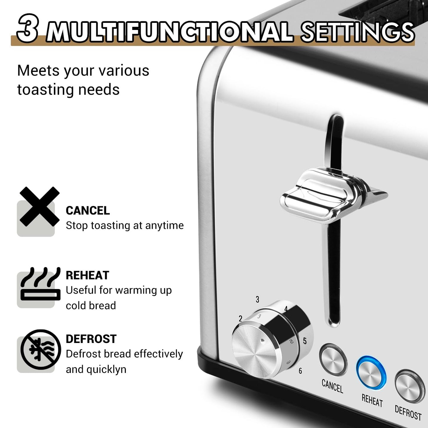 Cusimax 4 Slices Toaster, Stainless Steel Toaster with 4 Extra-Wide Bread Slots and 6 Variable Browning Shade Controls, Featuring with