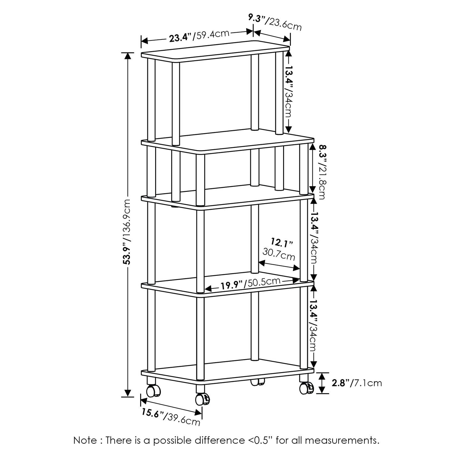 Furinno TURN-N-TUBE Bakers Rack with Wheels, 5-Tier Kitchen Storage Cart, Kitchen Cart, Coffee Bar, Pantry Organizers and Storage, Americano
