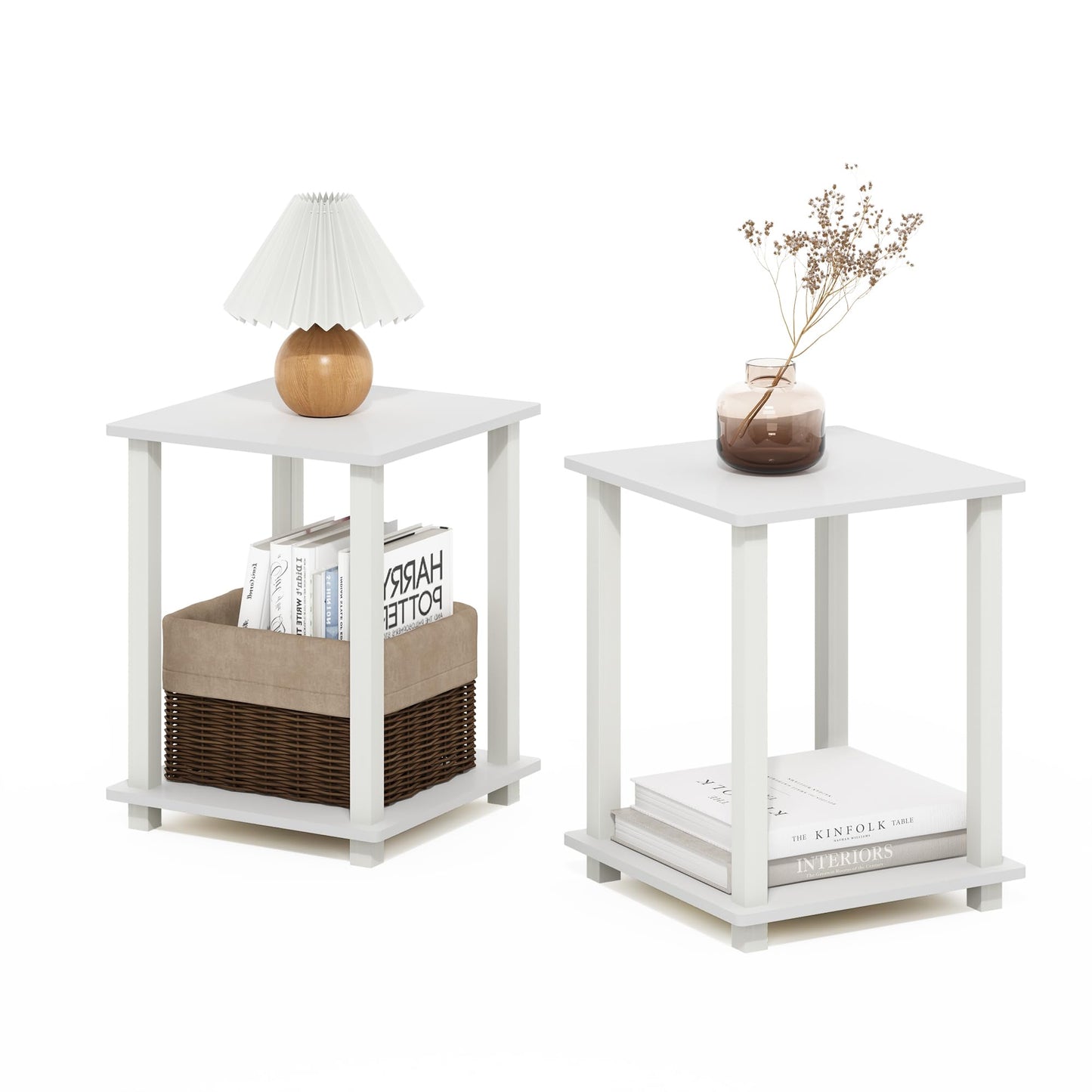 Furinno SIMPLISTIC Side Table Set of 2, 2-Tier End Table, Nightstand, Night Stand, Bedside Table, Easy Assembly, for Living Room, Bedroom, White