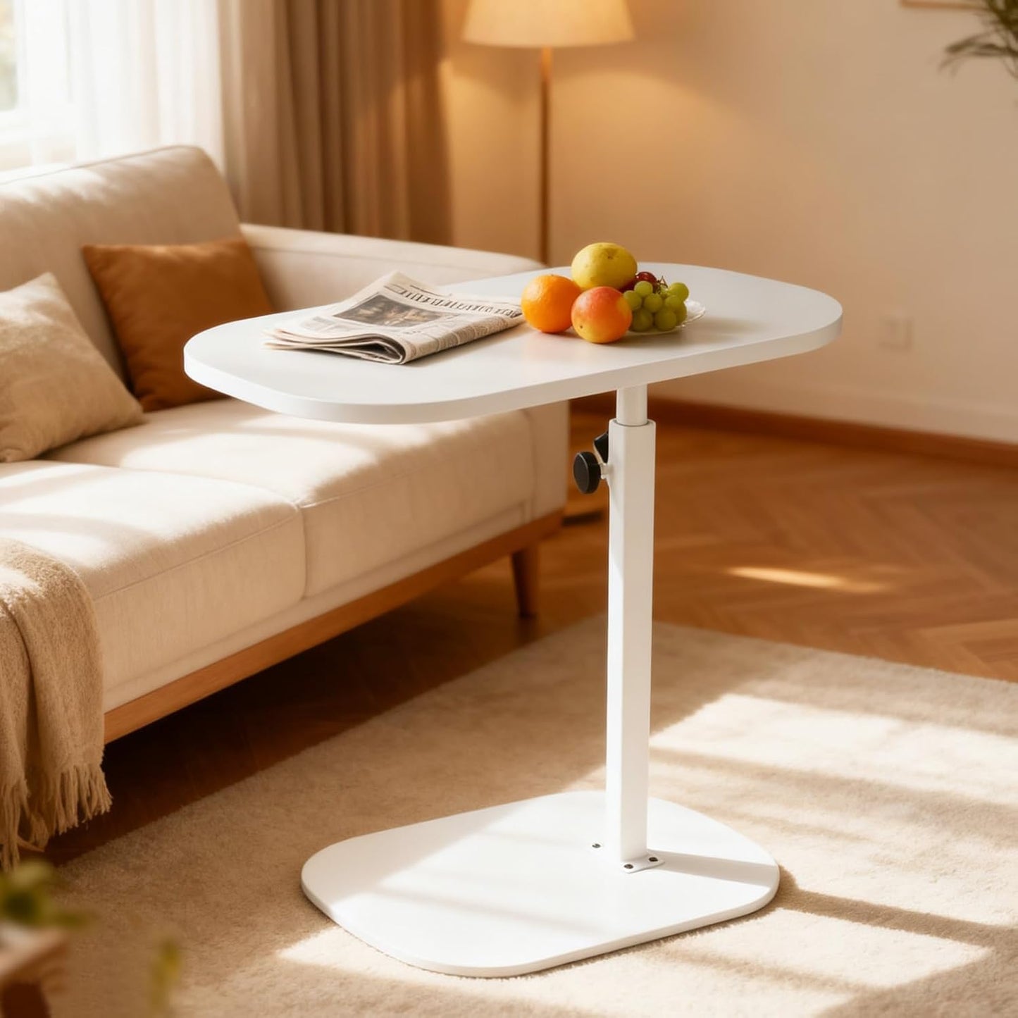 YASHIIN Adjustable C Shaped Side Table with 360 Degree Rotating Top, White Under Bed Table for Living Room, Sofa Bedside Table