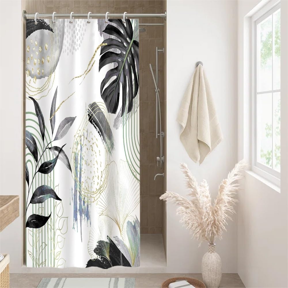Uiiooazy Anti-Mould Shower Curtain, Narrow Shower Curtain 90 x 180 cm, Black Tropical Palm Leaves Jungle Small Bath Curtains Washable Waterproof