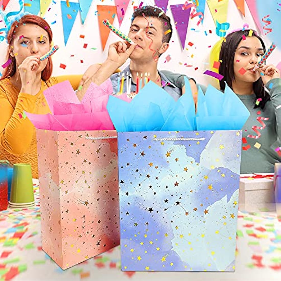 Gift Bag Large-2 Gift Bags with FREE 4 Tissue Paper-Birthday Gift Bag Set with Handle-Paper Gift Bags for Present-Pink and Blue Gift Bags for Women Men Kids Boy Girl Present Bag for Birthday Party Bag