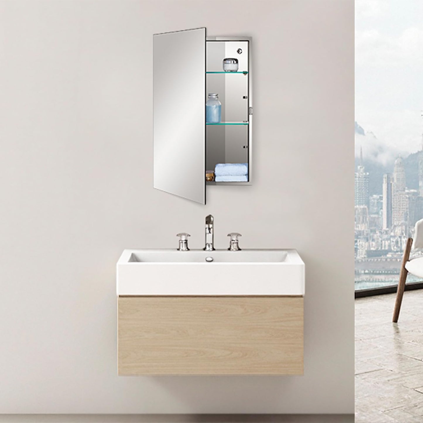 Fundin Stainless Steel Bathroom Mirror Cabinet, Single Door with Adjustable Glass Shelves, Surface Mounted, 40cm W x 60cm H, Mirrored Finish