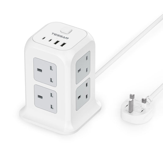 Tower Extension Lead 4 USB Slots (2 USB C), TESSAN Extension Lead 13A 3250W, 8 Way Multi Plug Socket Power Strip with Switch, Multiplug Adaptor with