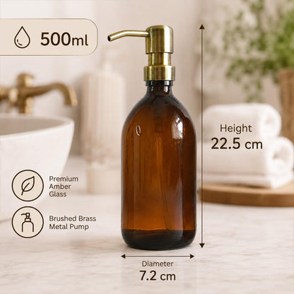 Amber Glass Bottles 500ml Soap Dispenser with Metal Pump BPA-Free Brown Glass Empty Soap Dispensers – Reusable Refillable Eco friendly