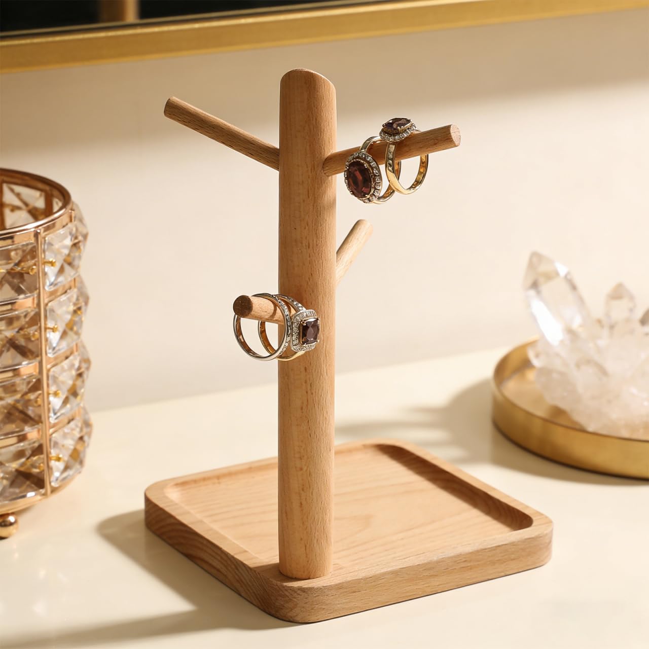 Angoily Entryway Key Holder Jewelry Storage Rack Wooden Key Tray Jewelry Display Holder with Cup Hook for Necklaces Rings Bracelets Watches Tabletop