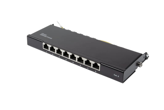 Good Connections? Patch panel/patch panel - desktop - cat. 6, 250 MHz - gigabit capable - 8 port - 0.5 HE - STP shielded - tool opening - jet black