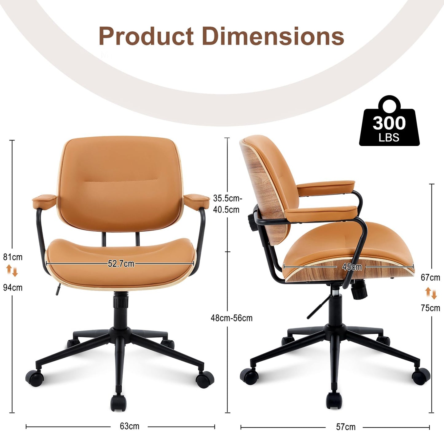 BERYTH Office Computer Desk Chair Mid Century Modern Office Chair Swivel Rolling Task Chair with Armrests and Walnut Back, Adjustable