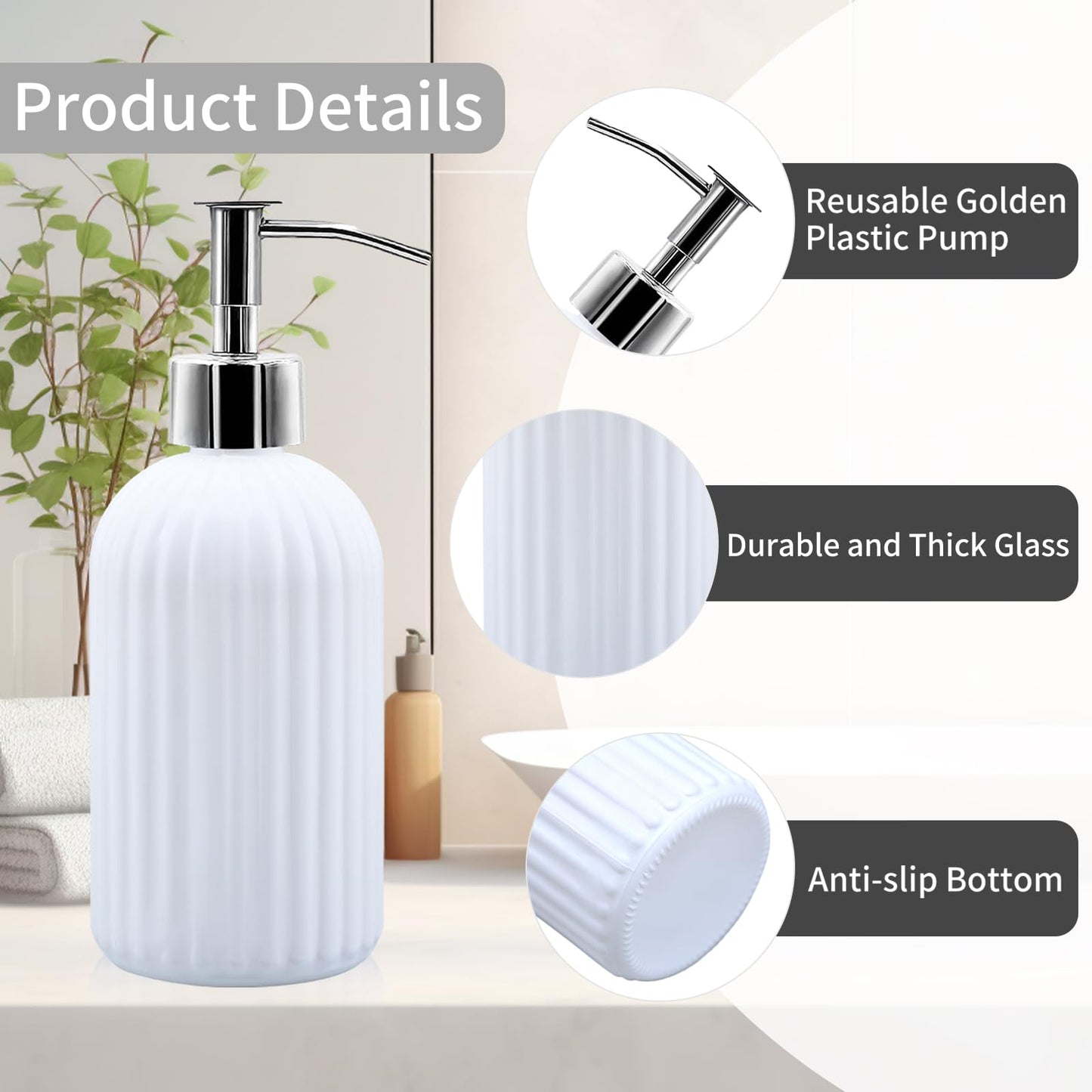 2 Pack Glass Soap Dispenser Bottle with Pump, 14 Oz Refillable Liquid Hand Jar Dispenser for Bathroom, Countertop, Kitchen, Laundry Room (White)