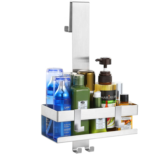 Emibele Stainless Steel Hanging Shower Caddy With Hooks - No Drilling Glass Shelf Basket for Bath Door, Lotion and Towel Holder, Silver