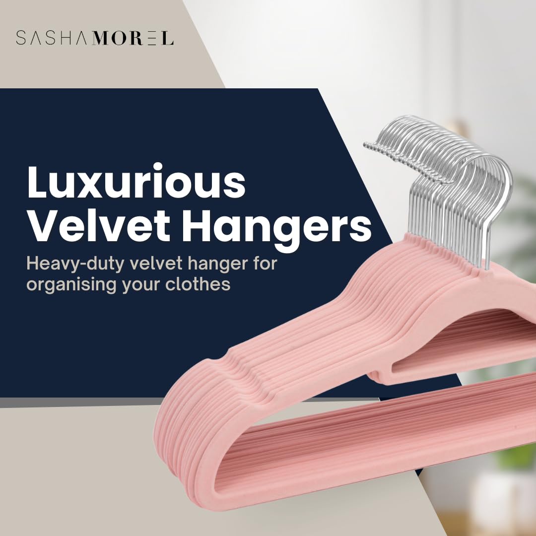 Sasha Morel 20 Pack Velvet Coat Hangers – Non Slip Velvet Hangers for Clothes, Space Saving Adult Hangers with Tie Organizer & Swivel Hooks