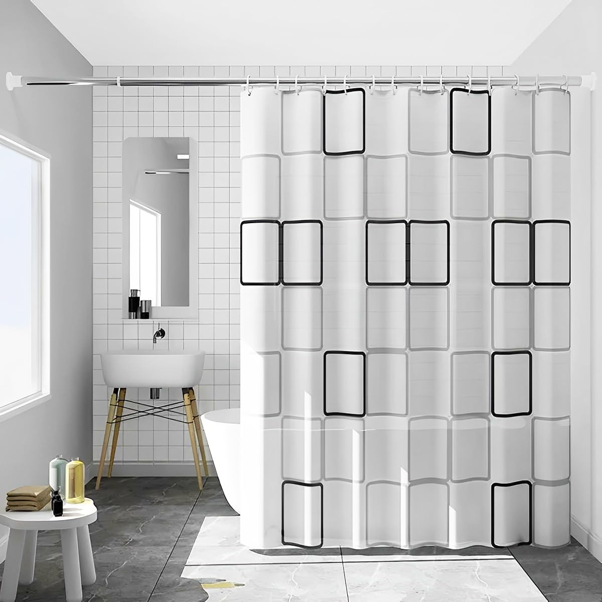 KineticKraft Checkered Shower Curtain, 200 x 200 cm Quick-Drying