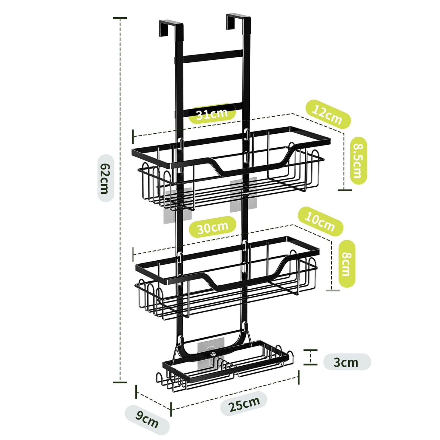 FOXWHALE Hanging Shower Shelf with Shaving Stand & Soap Holder and Hooks, No Drilling Shower Shelf for Glass Door, Black Hanging Shelf Shower