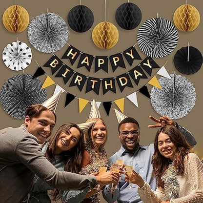 Black Gold Birthday Decorations Kit Reusable Mens Birthday Party Decorations Reusable Black & Gold Banner Bunting Honeycomb by Wonsta