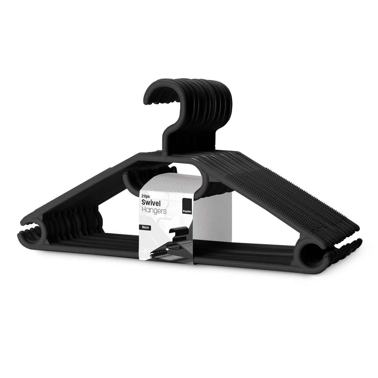 KEPLIN Space Saving Black Plastic Coat Hangers - 20 Pack | Heavy Duty Swivel Hook Hangers for Clothes, Coats, Dress, Shirt, Jacket, Trouser