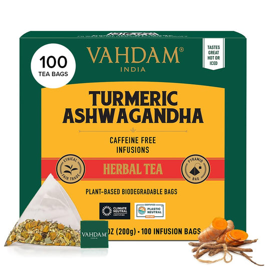 VAHDAM, Turmeric Ashwagandha Herbal Tea Bags (100 Count) Caffeine Free, Non GMO, Gluten Free | 100% Pure Herbal Blend - Sweet & Earthy | Whole