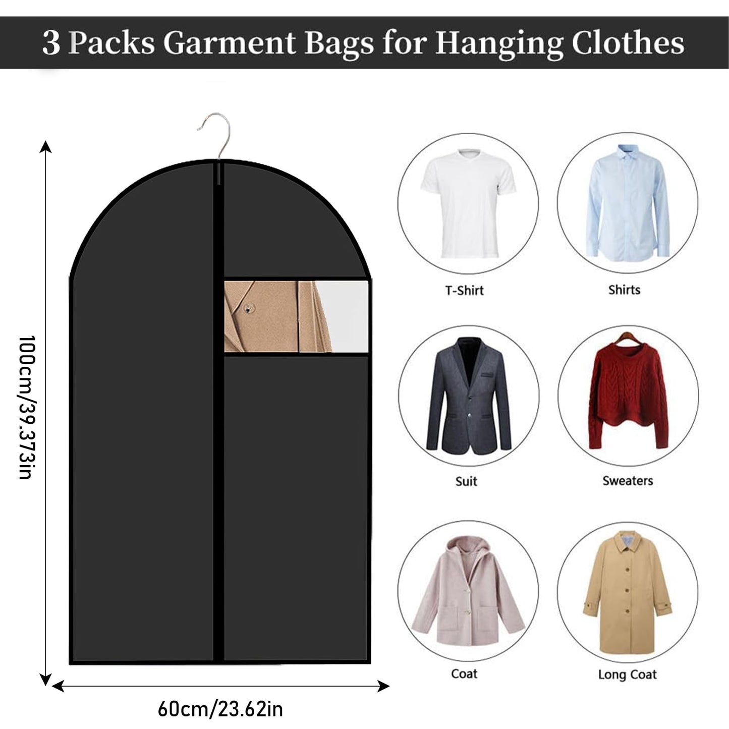 3 Pack PEVA Translucent Garment Covers 60 x 100cm Garment Bags