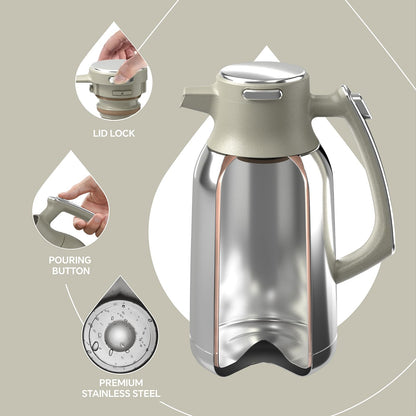 IDEUS Vacuum Insulated Coffee Carafe, 68 oz (2 Liters) Stainless Steel Milk Jug Thermal Tea Pot Hot & Cold Water Beverage Dispenser (Celadon)