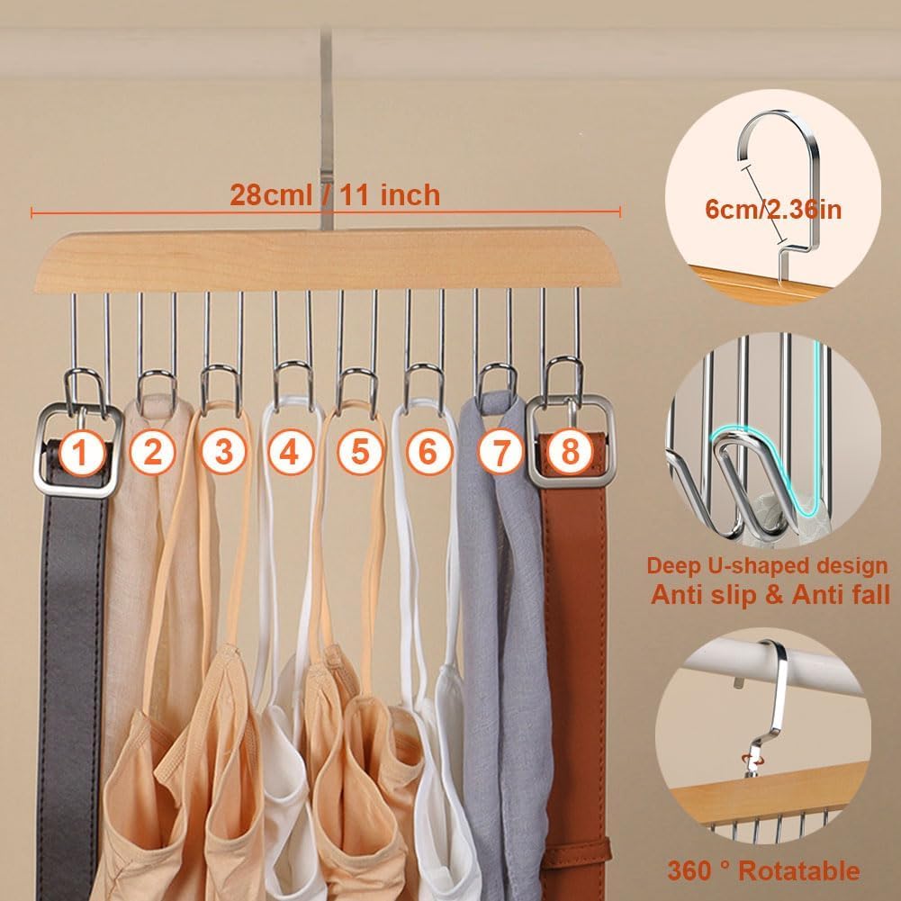 Belt Hanger for Wardrobe, 2 Pack Belt Hanger Wooden, Belt Rack with 8 Hooks,360 Degree Rotating Tie Hanger, Space Saving Belt Holder