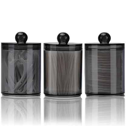 WUMUTI 3 PCS Cotton Bud Holder Cotton Pad Dispenser with Lids, 10 oz Clear Black Qtip Holder Bathroom Canisters Cosmetic Storage Jars for Cottons